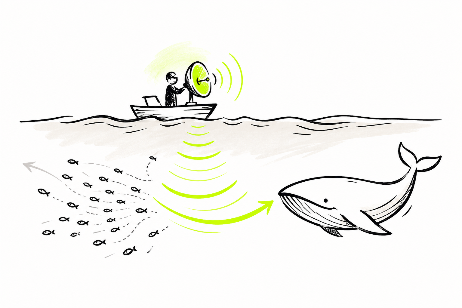 Ilustração do conceito Isca de Baleia: radar atraindo as baleias certas