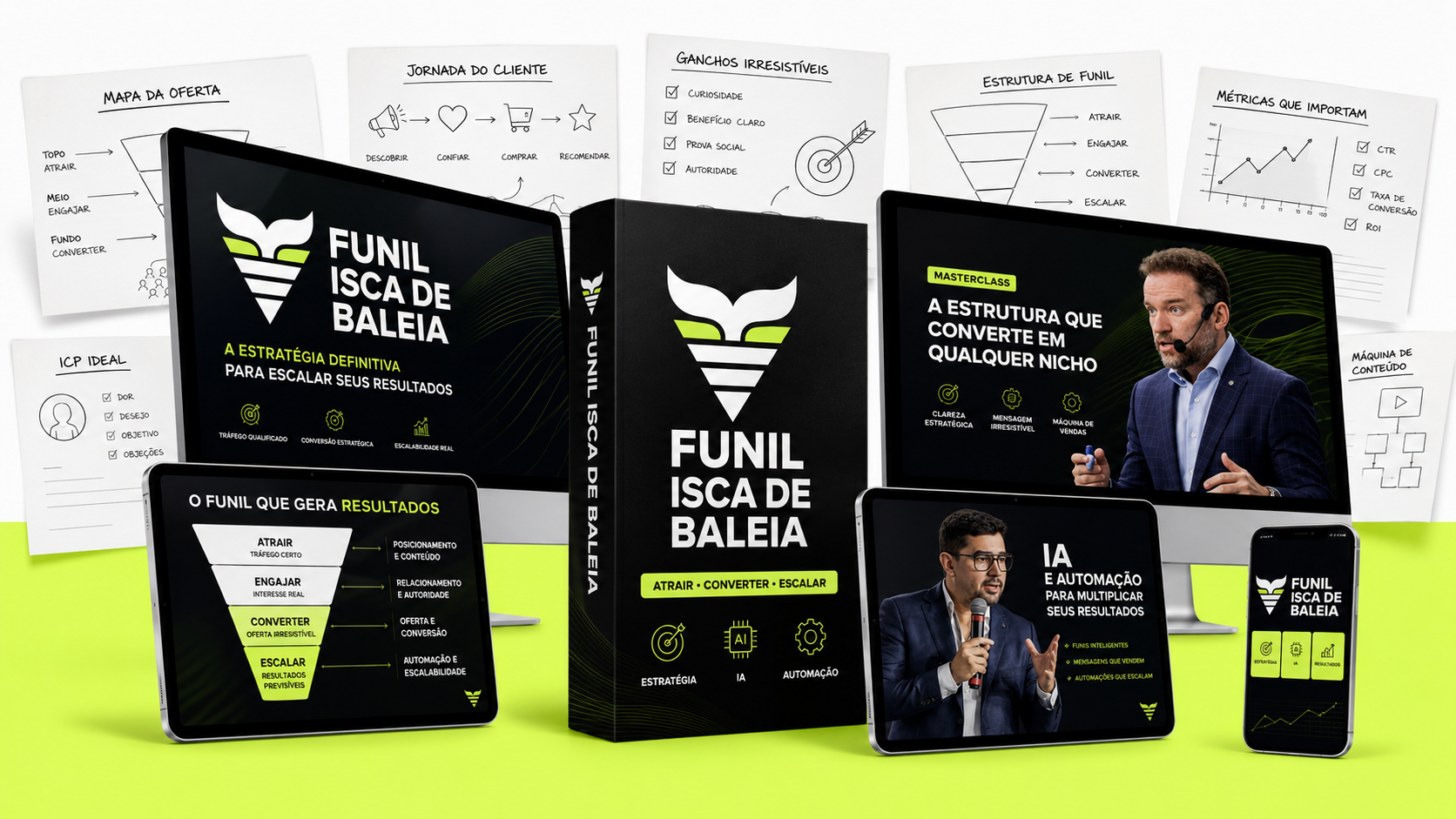 Mockup visual do Funil Isca de Baleia com IA